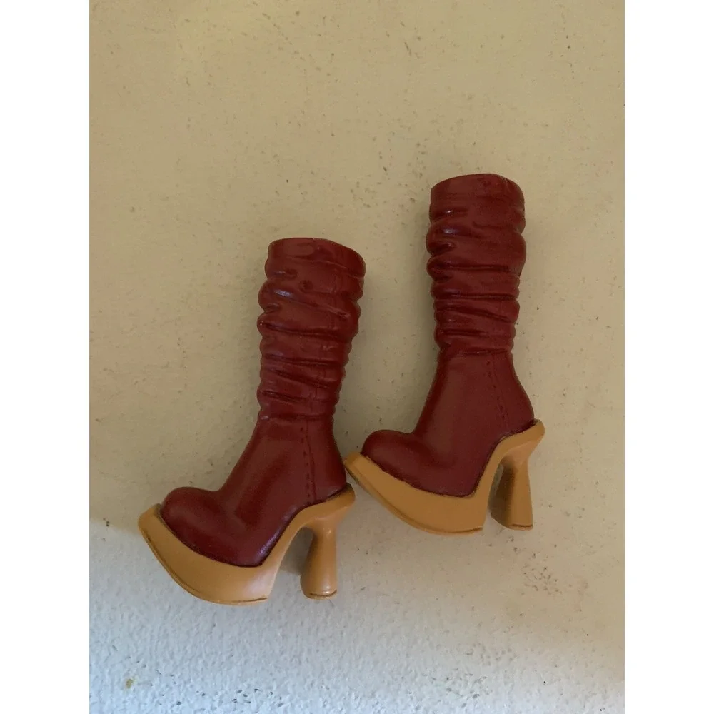 My Scene Barbie Doll High Heel Slouch Burgundy & Tan Boots Shoes